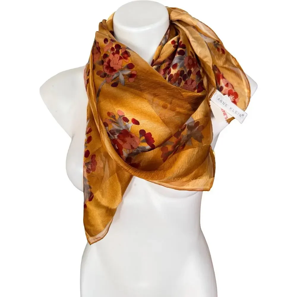 Vintage Anne Klein Silk Floral Scarf NWT Gold Cherry Blossom Square 34x34